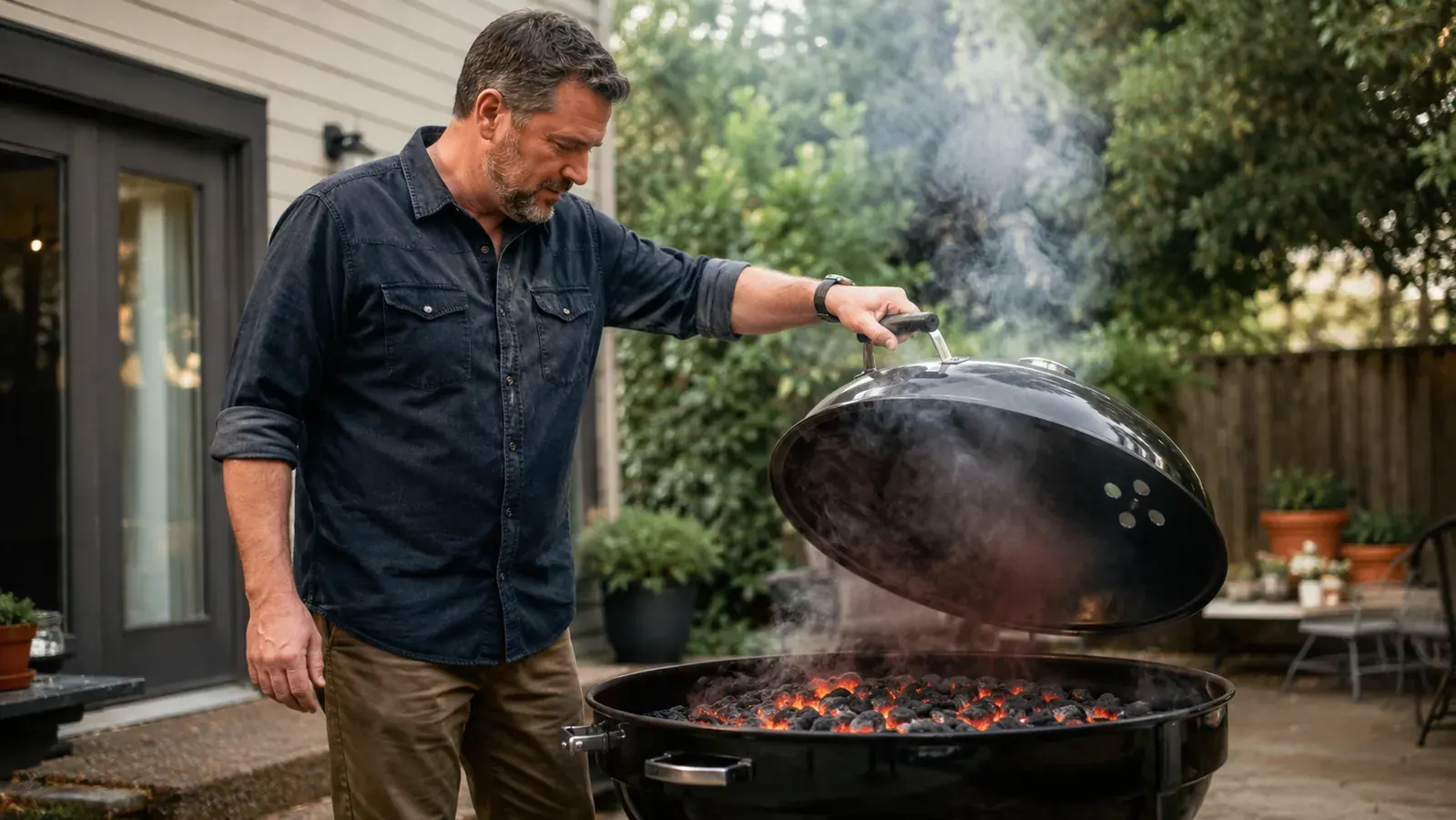 Charcoal kettle grill glowing with lit coals at dusk in a backyard setting