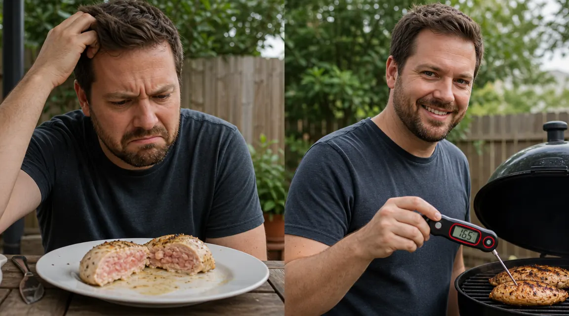 Family gathered around a backyard grill with perfectly cooked burgers and steaks on a summer evening