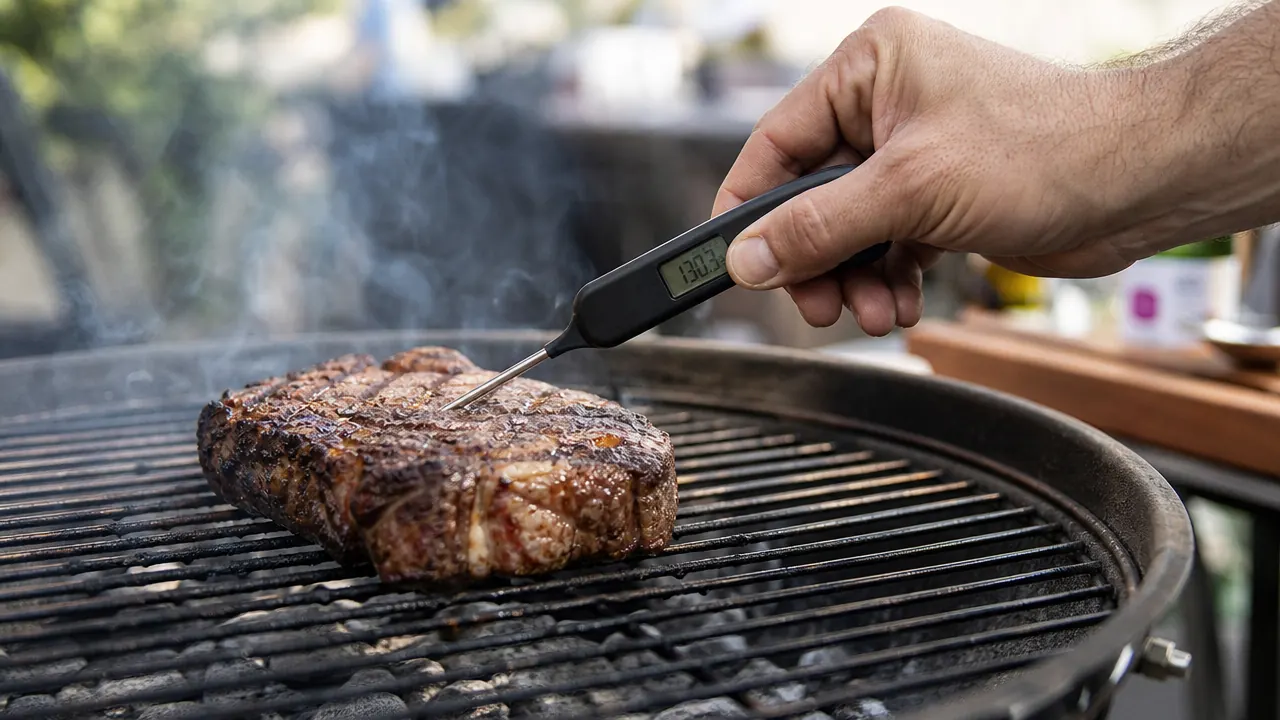 Backyard cook holding an instant read meat thermometer over a sizzling steak on a charcoal grill at dusk