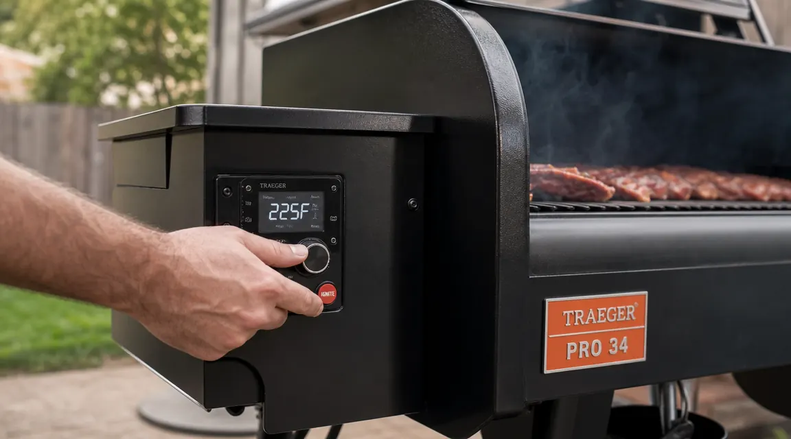 Digital temperature display on a pellet grill controller set to 225 degrees with smoke visible behind it