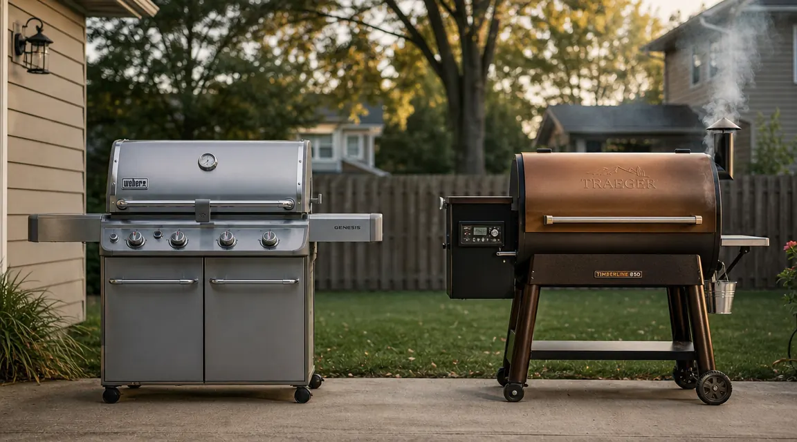 Pellet grill smoking on a backyard patio on a sunny summer afternoon with a brisket cooking low and slow