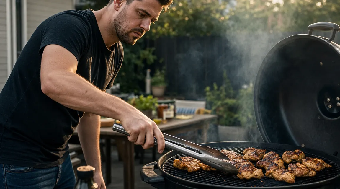 Backyard cookout scene with family around the grill, smoke curling up, food on the grates