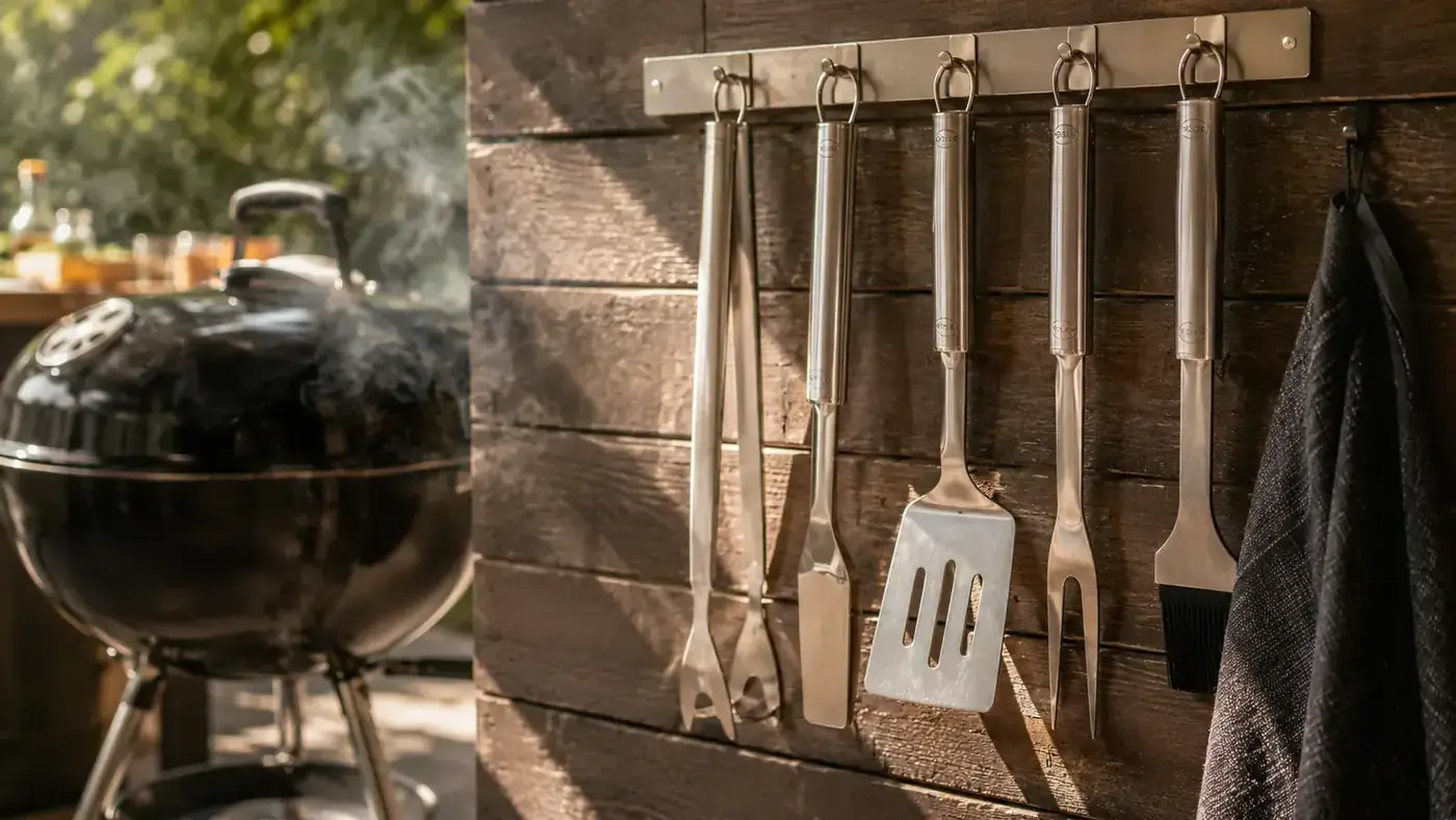 A confident backyard cook standing at a charcoal grill on a sunny afternoon, holding sturdy stainless steel tongs