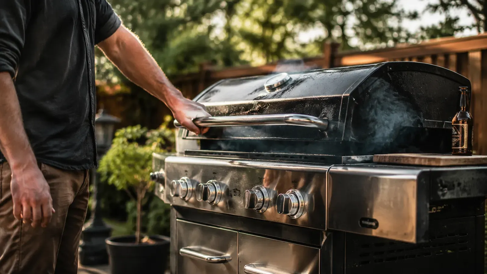 Weber Premium Stainless Steel Smoker Box sitting on a gas grill grate with smoke curling up through the lid