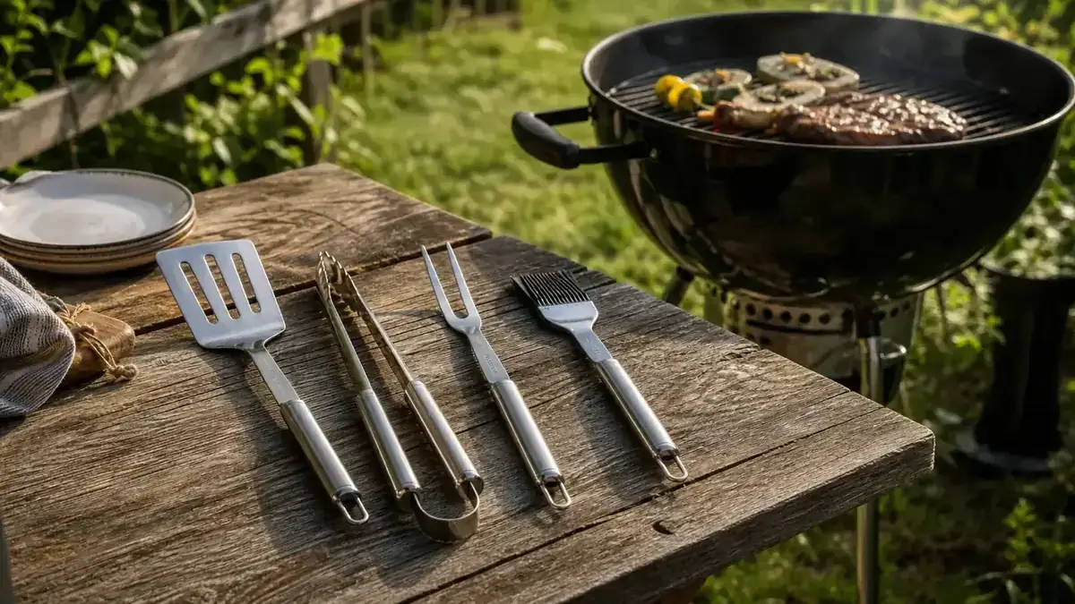 Alpha Grillers BBQ tool set laid out on a wooden picnic table next to a charcoal grill in a backyard setting