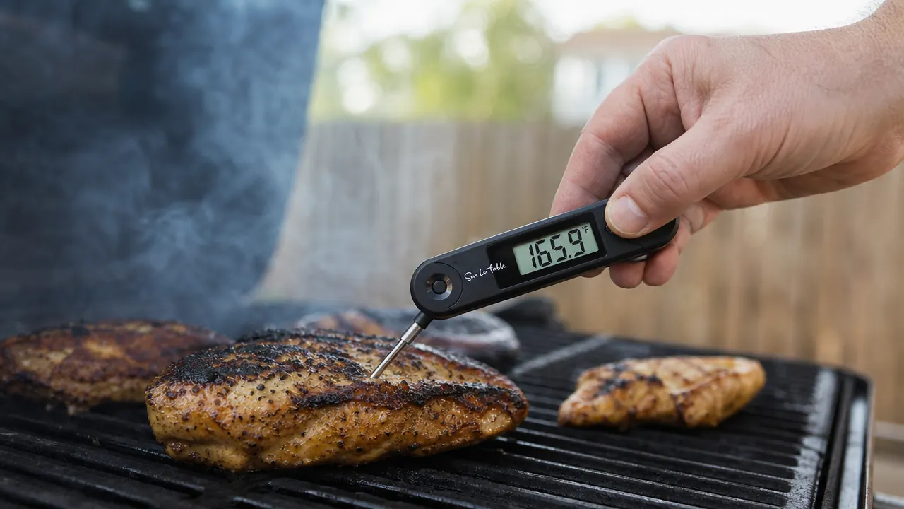 Alpha Grillers instant read thermometer held over a sizzling cast iron skillet with a thick ribeye steak