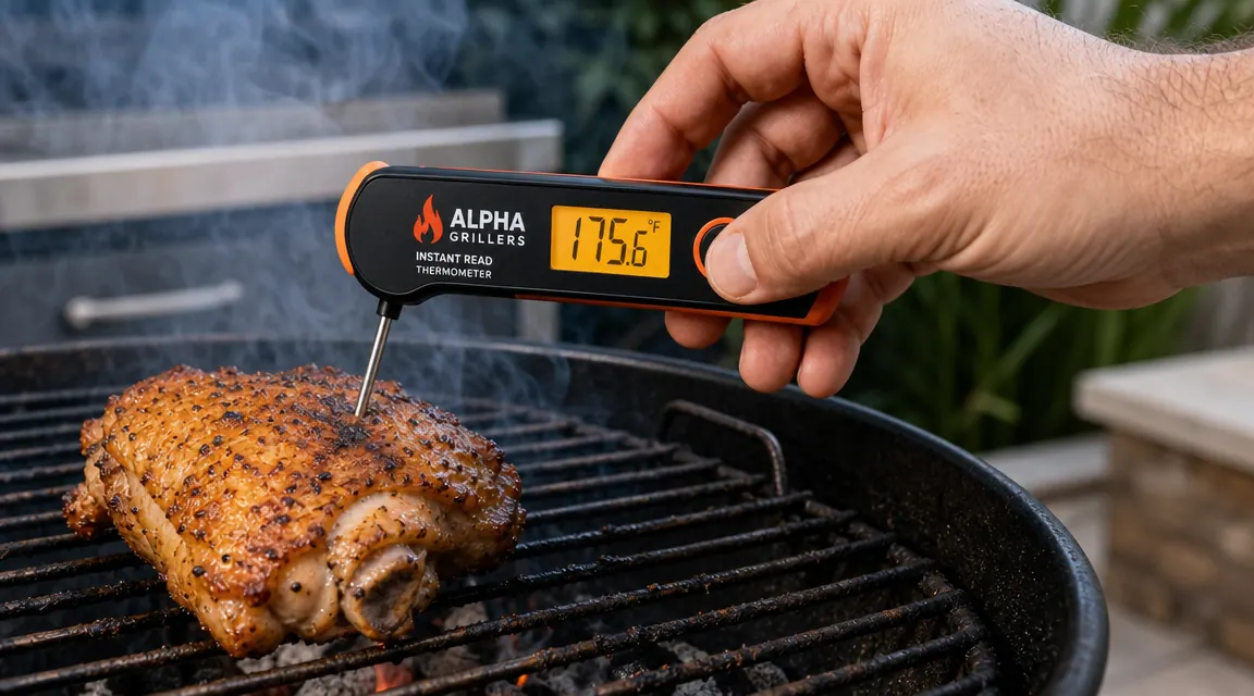 Hand holding Alpha Grillers thermometer and inserting probe into chicken thigh on a charcoal grill