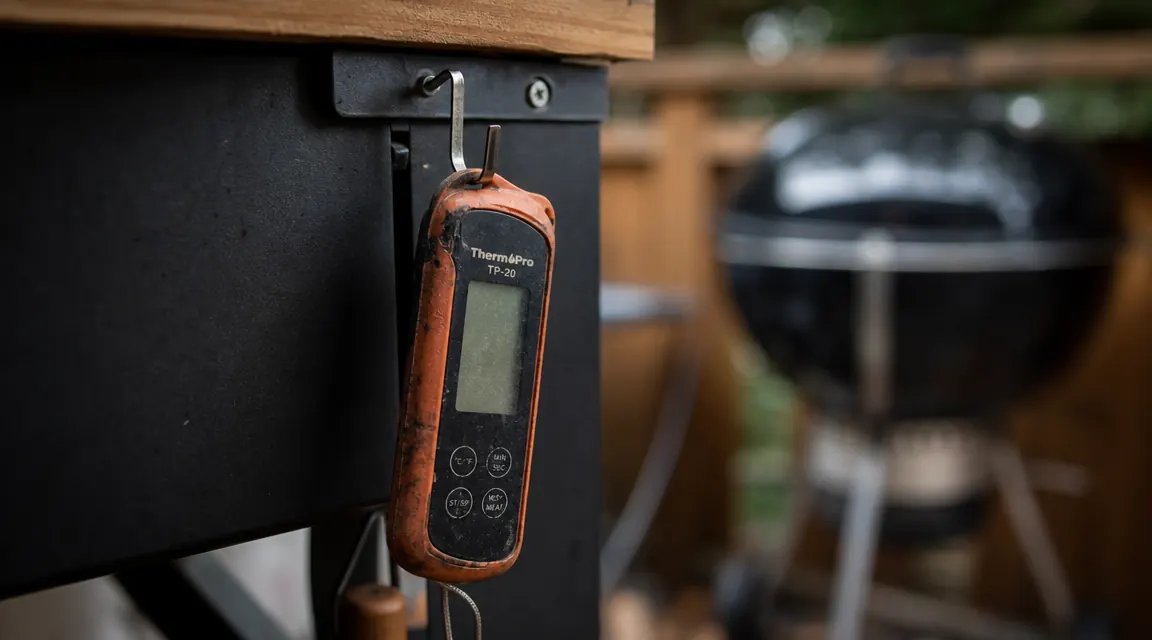Backyard cook smiling and holding an instant read thermometer at a gas grill with family gathered in the background