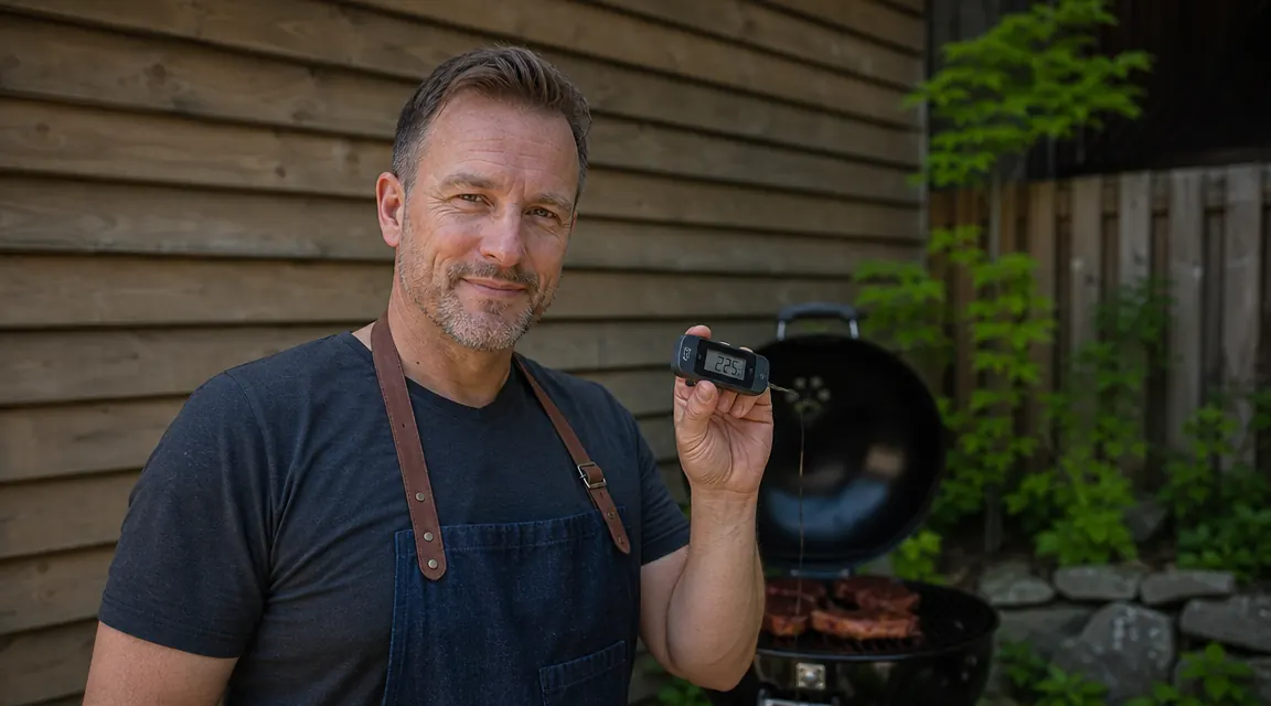 Alpha Grillers instant read thermometer resting on a wooden cutting board next to a grilled steak outdoors in afternoon sunlight