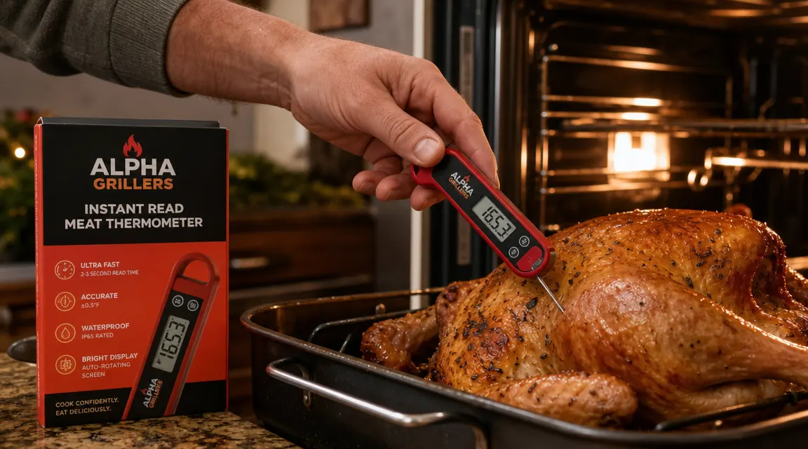A hand pressing an instant read meat thermometer probe into the thigh of a turkey in an oven