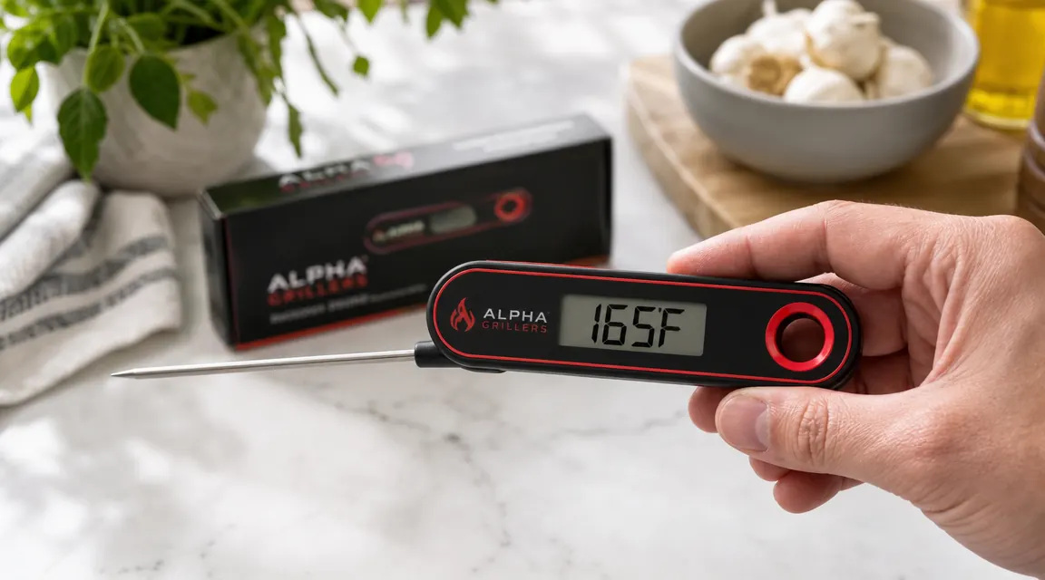 A digital meat thermometer display showing 165 degrees Fahrenheit, held against a kitchen counter