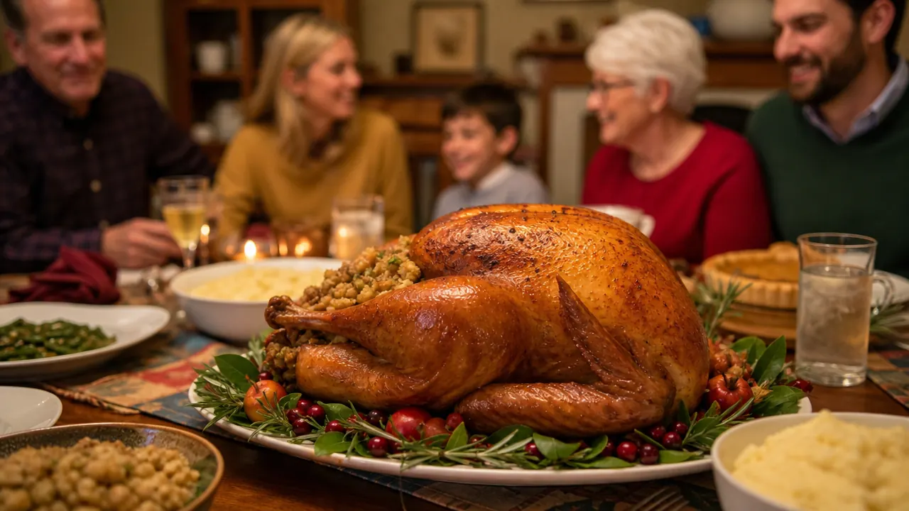 A family gathered around a Thanksgiving table with a carved turkey at the center, candles lit, everyone smiling