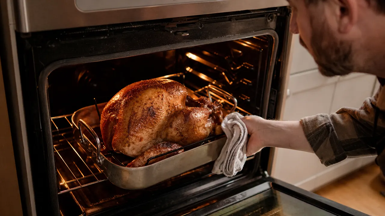 A golden-brown roasted turkey resting on a wooden cutting board surrounded by fall herbs, soft warm kitchen light