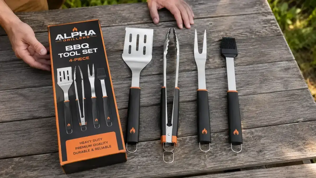 Full Alpha Grillers BBQ tool set laid out on a wooden table: spatula, tongs, fork, and basting brush