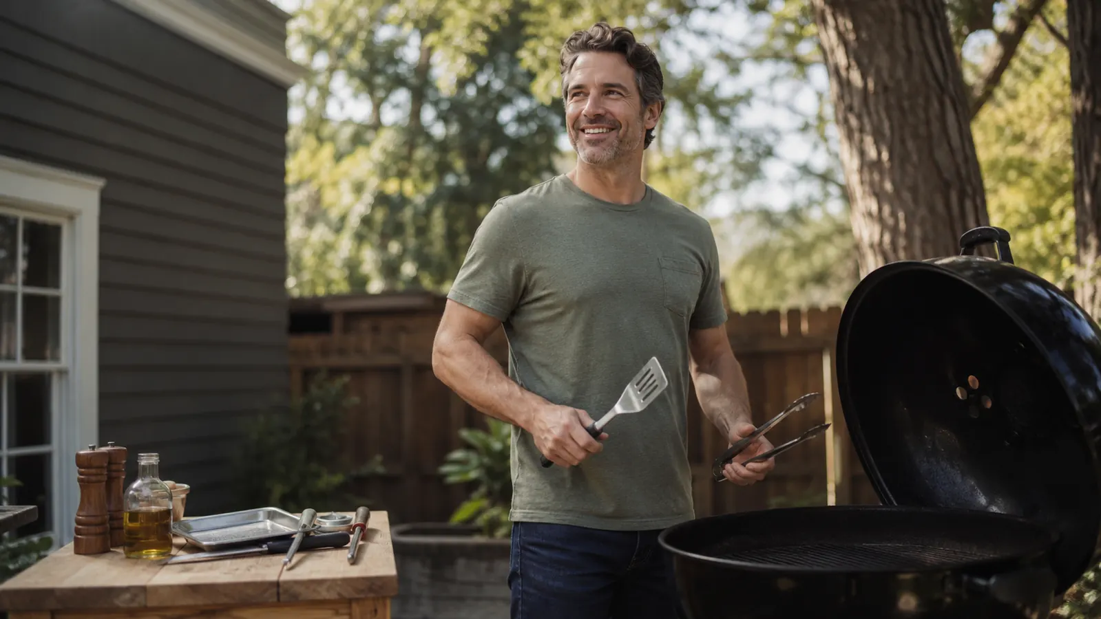 Man standing at a charcoal grill on a sunny backyard patio, confidently holding long-handled tongs over chicken thighs