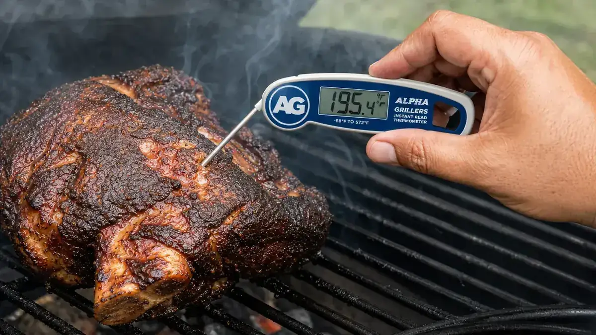 Hand pressing Alpha Grillers thermometer probe into the thickest part of a pork shoulder resting on a charcoal grill grate with smoke rising
