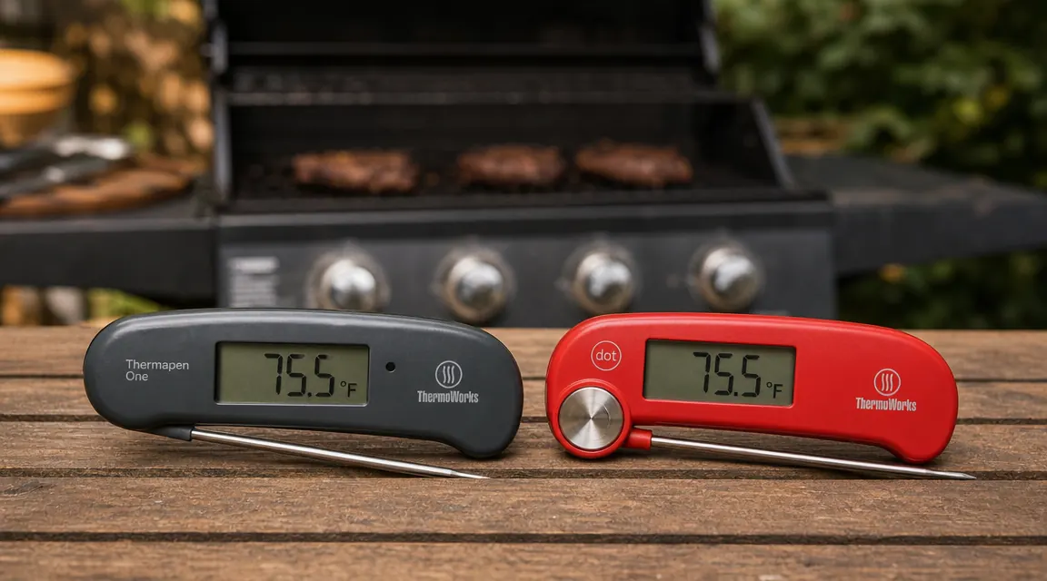 Two instant-read meat thermometers resting side by side on a weathered wooden cutting board next to a freshly seared ribeye steak
