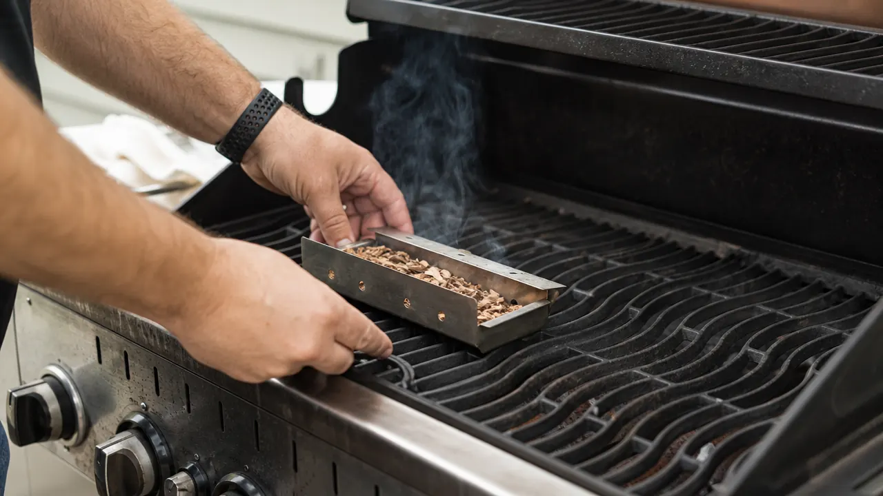 Gas grill with a stainless steel smoker box sitting over a burner producing thin blue smoke with ribs on the grate above