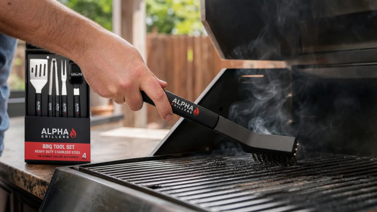 Hand using the Alpha Grillers grill brush to scrub grates on a gas grill