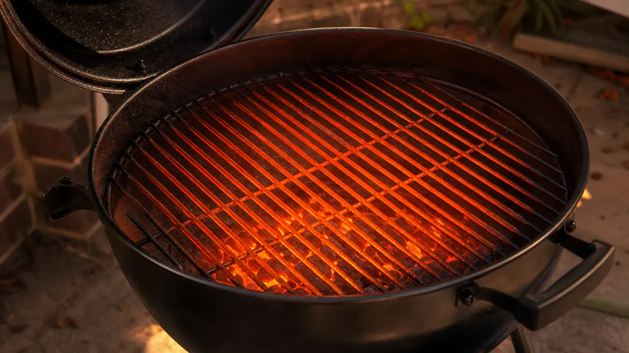 Close-up of clean cast-iron grill grates glowing orange in the heat before a weekend cookout