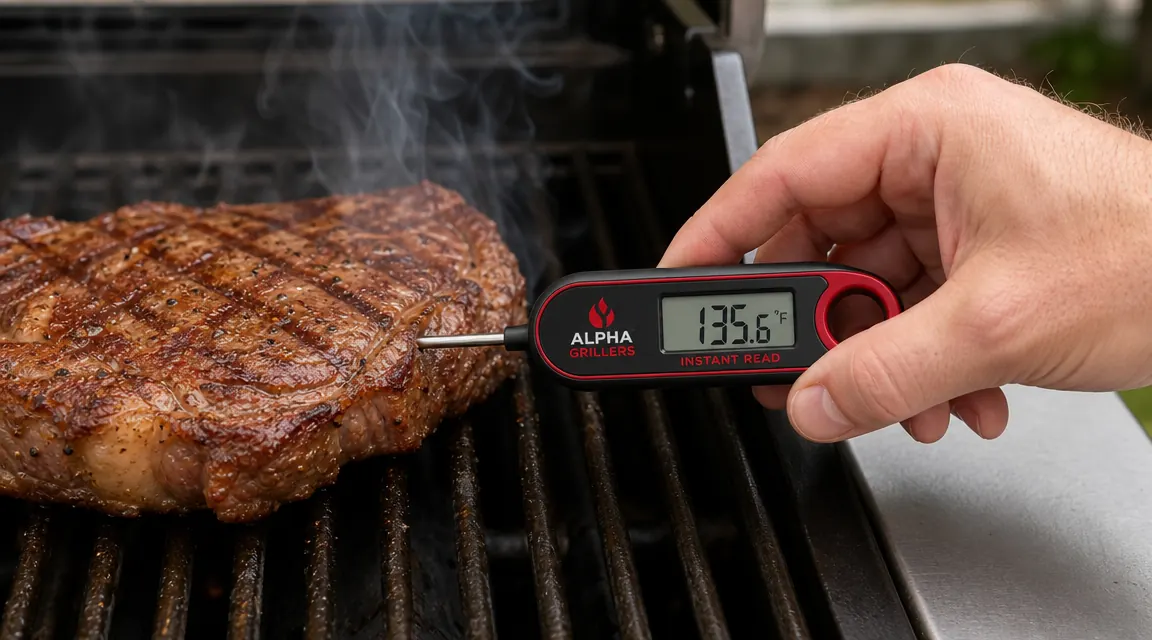 Alpha Grillers instant-read thermometer being inserted into the thickest part of a ribeye steak on grill grates