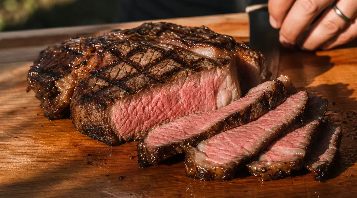 Man holding a meat thermometer over a ribeye steak on a charcoal grill, warm evening backyard light
