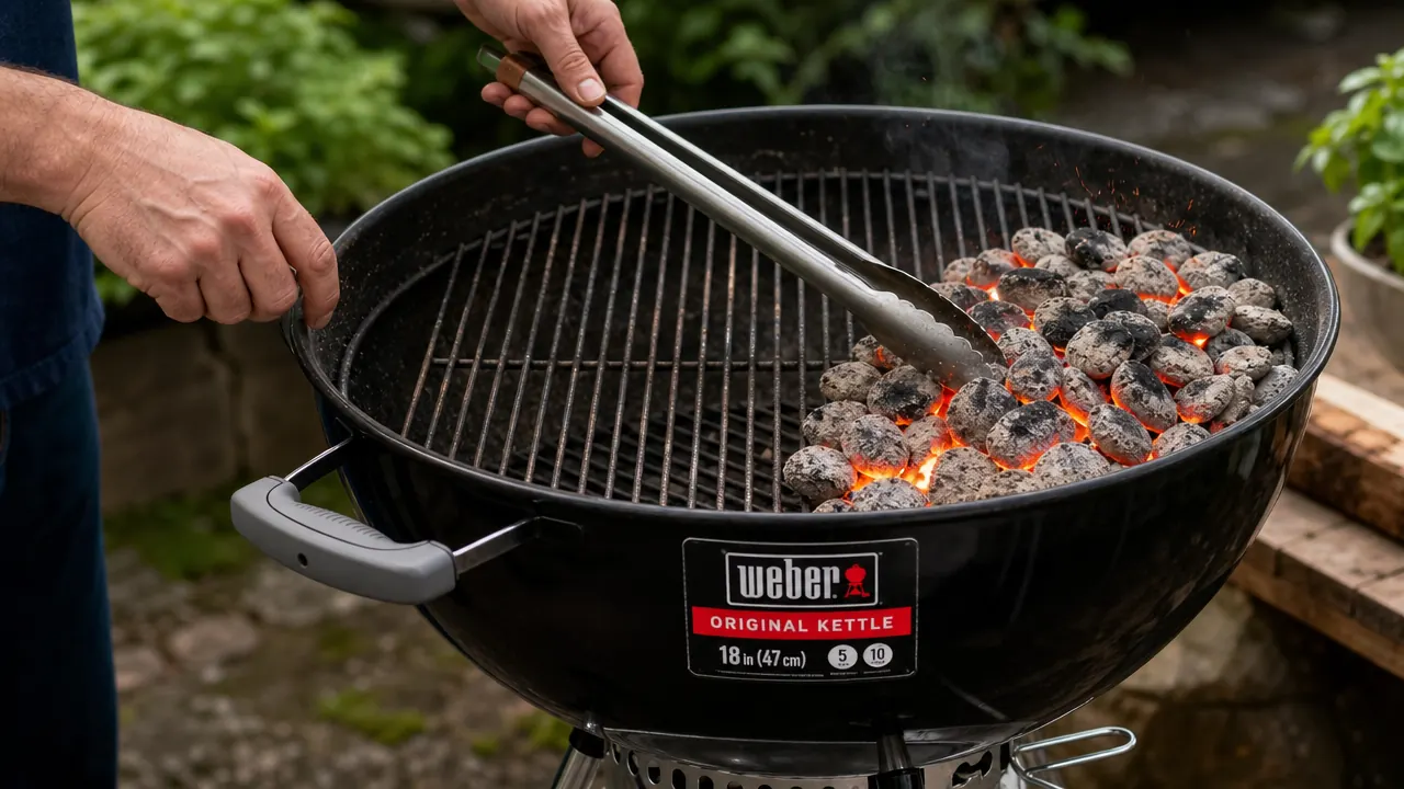 Hand arranging lit charcoal briquettes to one side of a kettle grill using tongs, showing the two-zone fire setup
