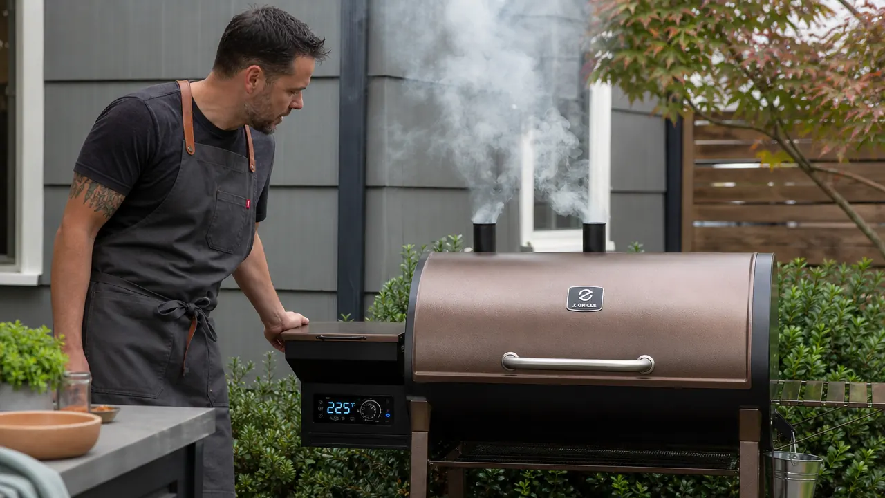 Pellet grill with the lid open showing a brisket fat side up on the grates, surrounded by light blue smoke