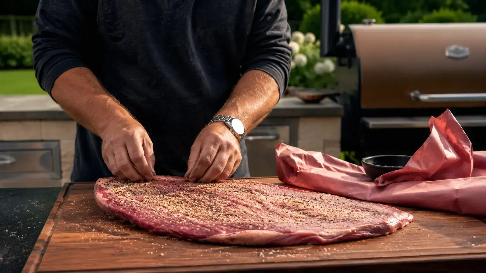 Whole smoked brisket resting on a cutting board with a dark bark crust, backyard patio in soft late-afternoon light