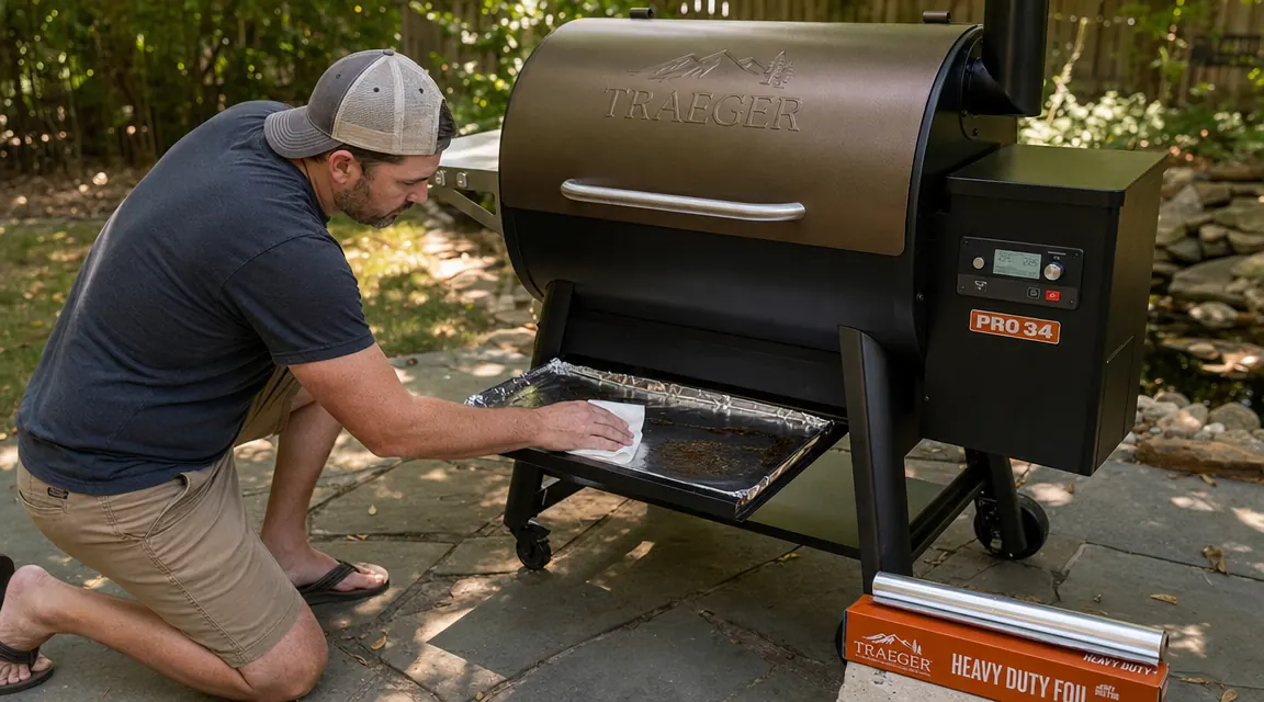 Person in casual clothes cleaning a foil-lined grease drip tray removed from below a Traeger pellet grill, paper towels and spare foil nearby