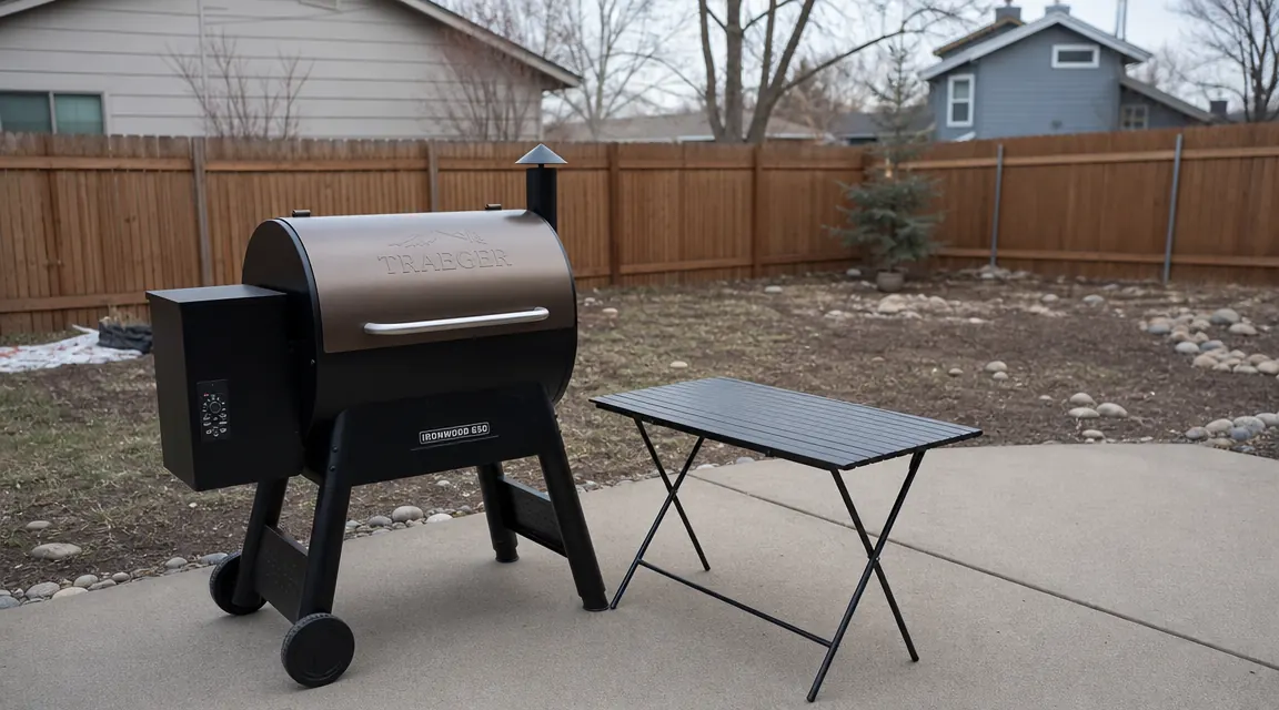 Traeger Pro 34 bronze pellet grill sitting on a suburban backyard patio, lid closed, no smoke, looking brand new and slightly intimidating next to a folding table