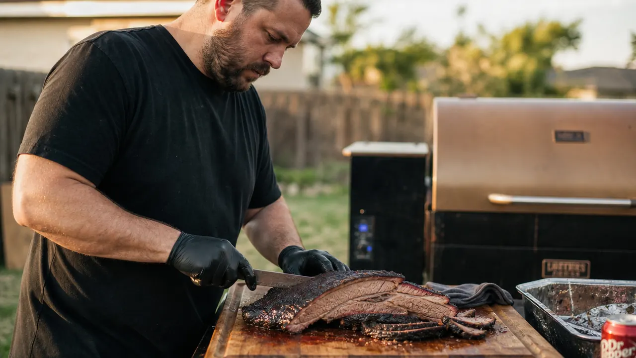 Whole brisket with dark bark resting on butcher paper next to the open lid of a Traeger Pro 34 pellet grill in a sunny backyard