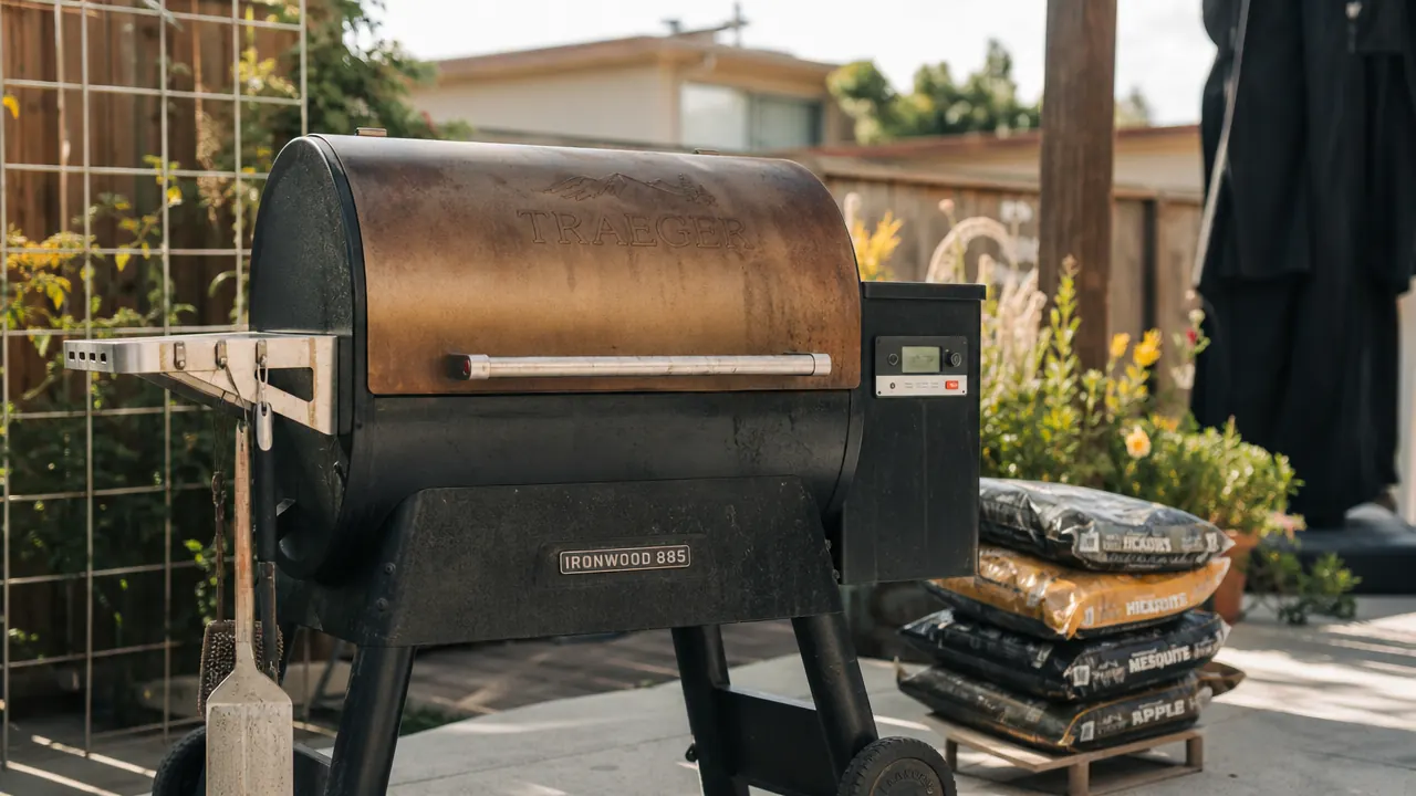 Traeger Pro 34 pellet grill on a wood deck at dusk with smoke rising from the barrel and a brisket resting on the grate