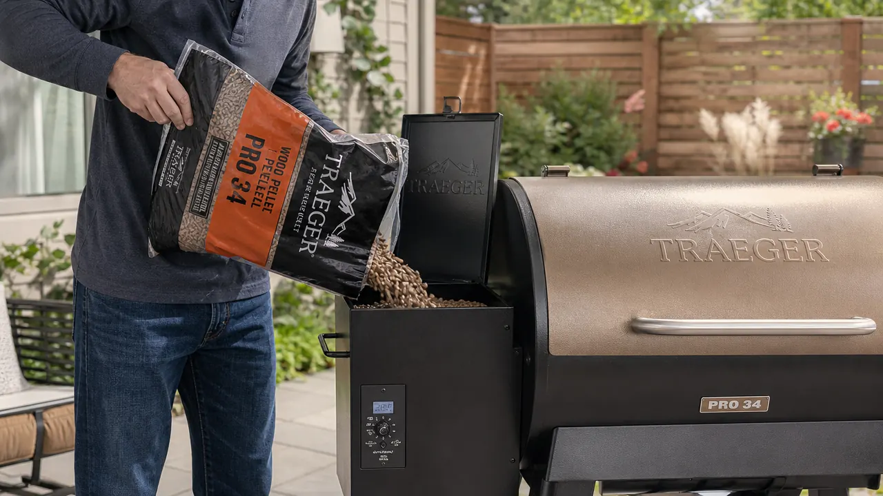 Man loading hardwood pellets into the hopper of a Traeger pellet grill before a cookout