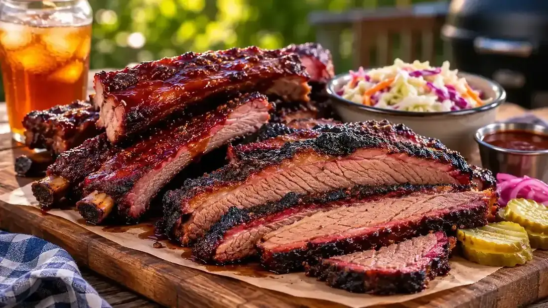 Family and neighbors eating at an outdoor picnic table loaded with grilled food on the Fourth of July