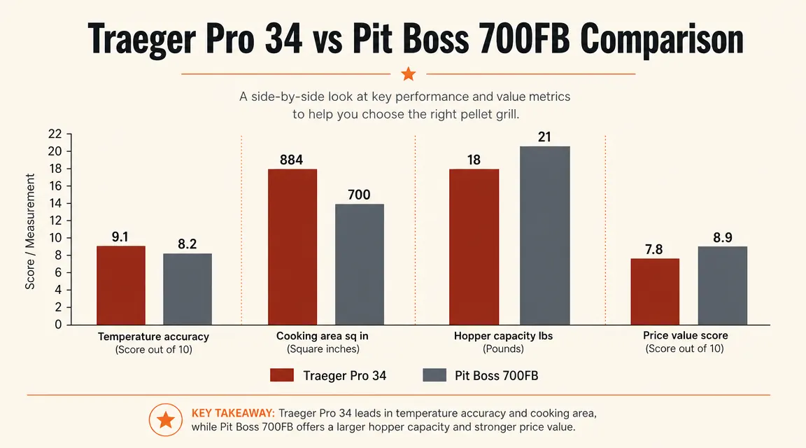 Chart comparing temperature consistency between Traeger Pro 34 and Pit Boss over a 4-hour cook