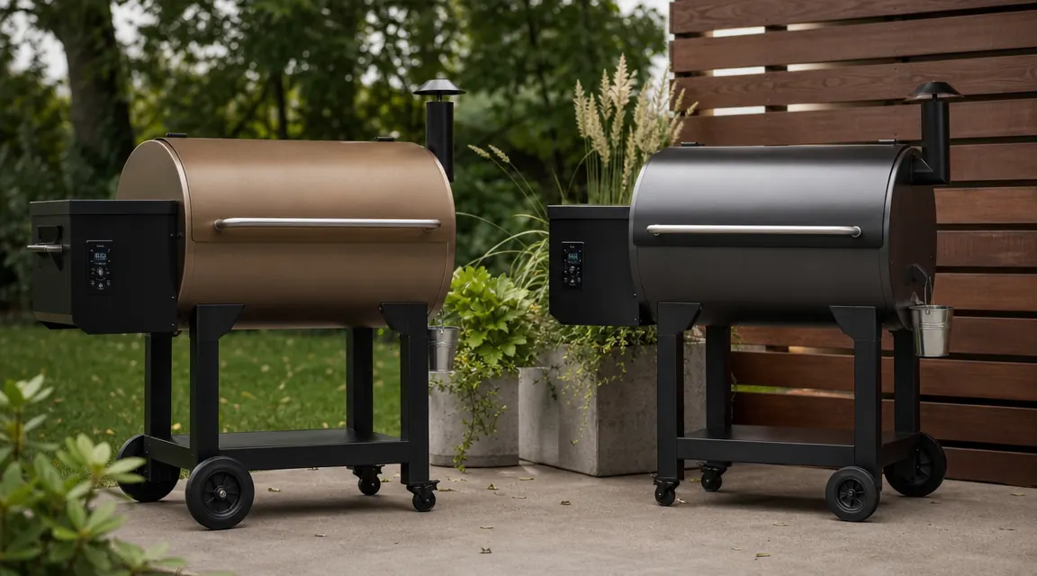 Two pellet grills side by side on a backyard patio with smoke rising on a sunny afternoon