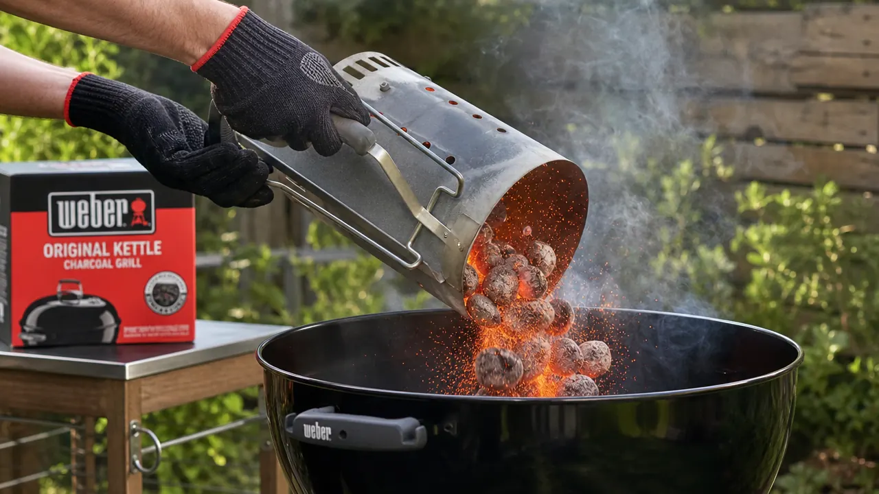 Hands pouring lit charcoal from a chimney starter into a Weber Kettle grill