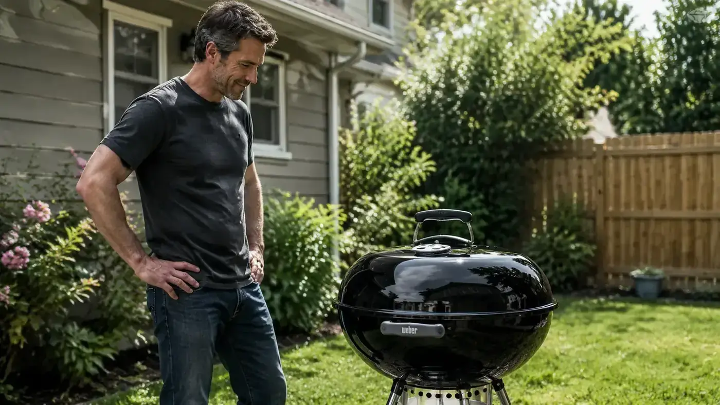 Weber Original Kettle 22-inch charcoal grill glowing with a full chimney of lit coals at dusk in a backyard