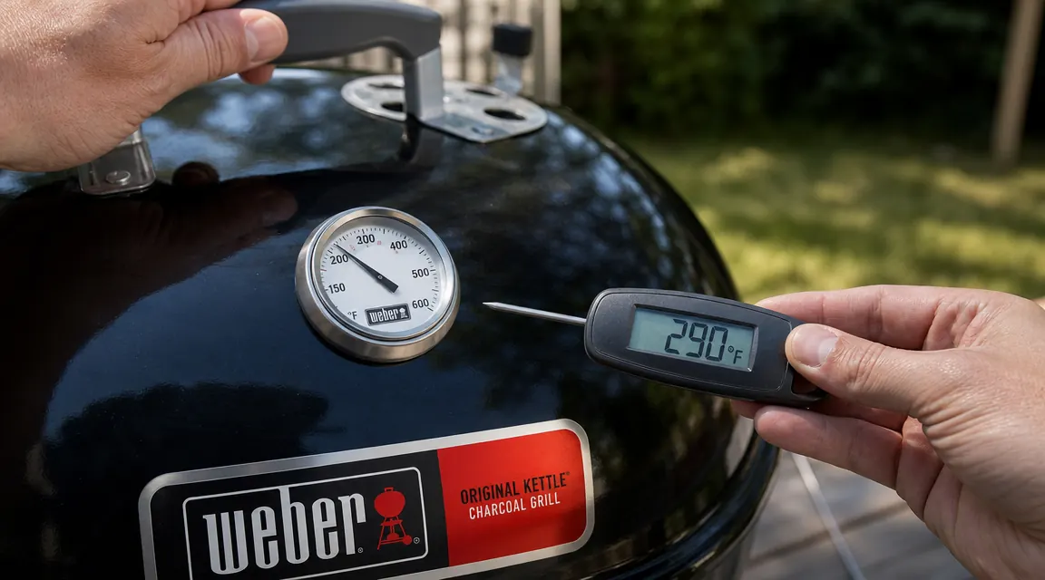 Close-up of the lid thermometer on a Weber kettle grill compared to a separate probe thermometer reading