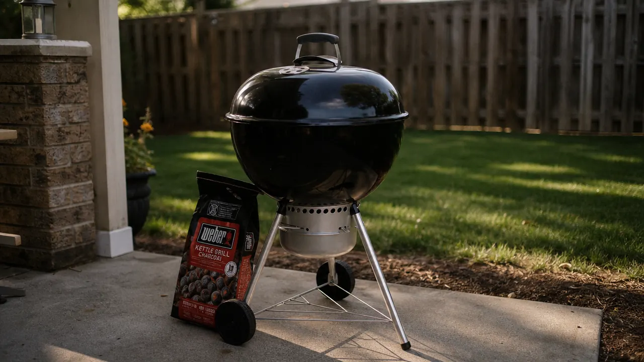 Weber Original Kettle 22-inch charcoal grill on a backyard patio with a bag of charcoal and chimney starter beside it