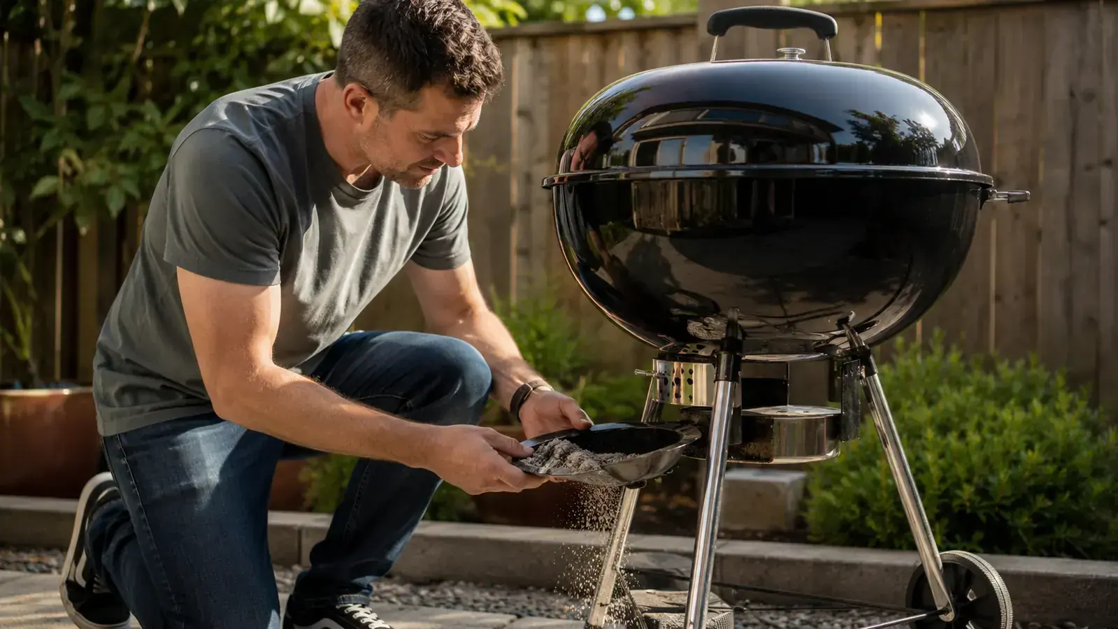 Backyard griller checking steaks on a charcoal kettle grill during a summer cookout