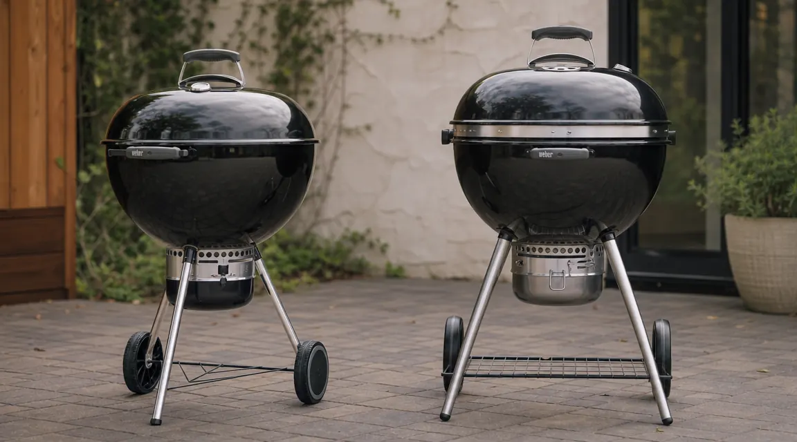 Weber Original Kettle 22-inch charcoal grill on a sunny backyard patio with coals glowing inside