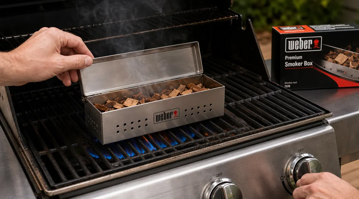 Weber stainless steel smoker box sitting on a gas grill grate with wood chips inside, burner flame visible below