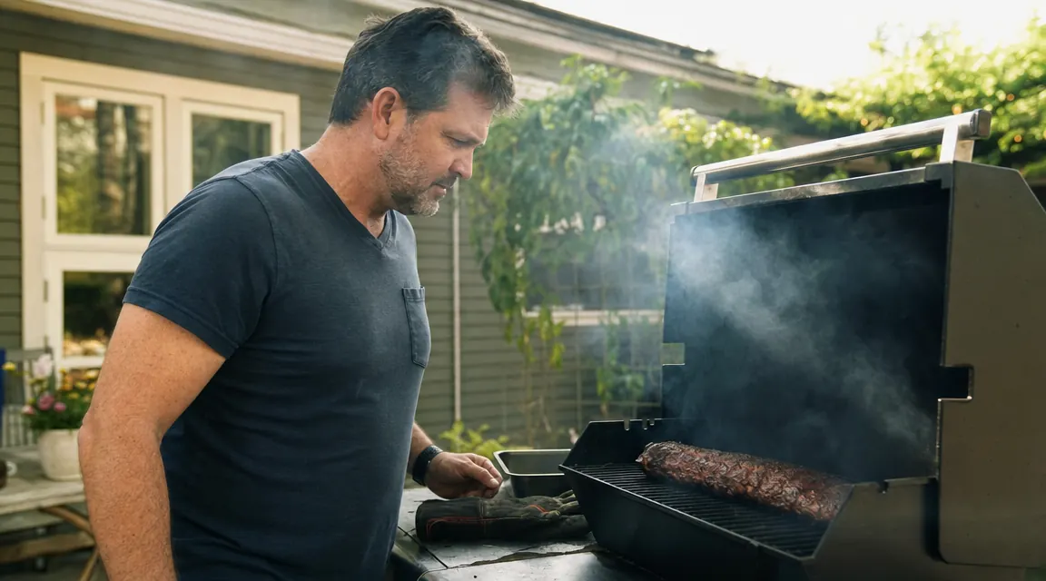 Smoke rising from a gas grill on a backyard patio on a sunny afternoon, lush green grass in the background