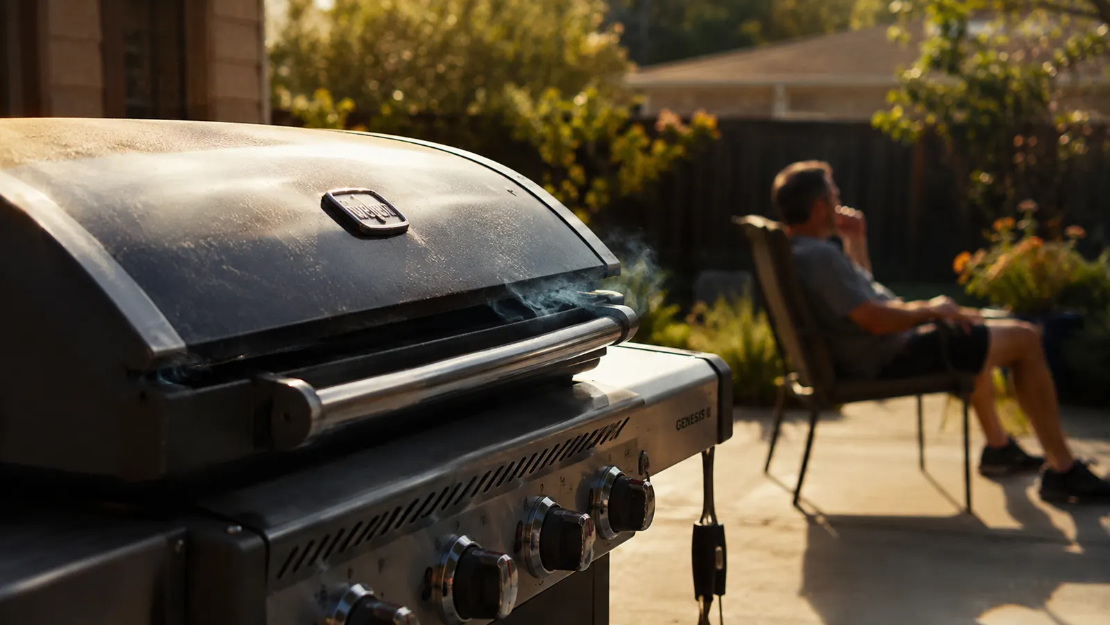 Bone-in chicken thighs on a gas grill with visible golden-brown char and faint smoke rising from below the grates