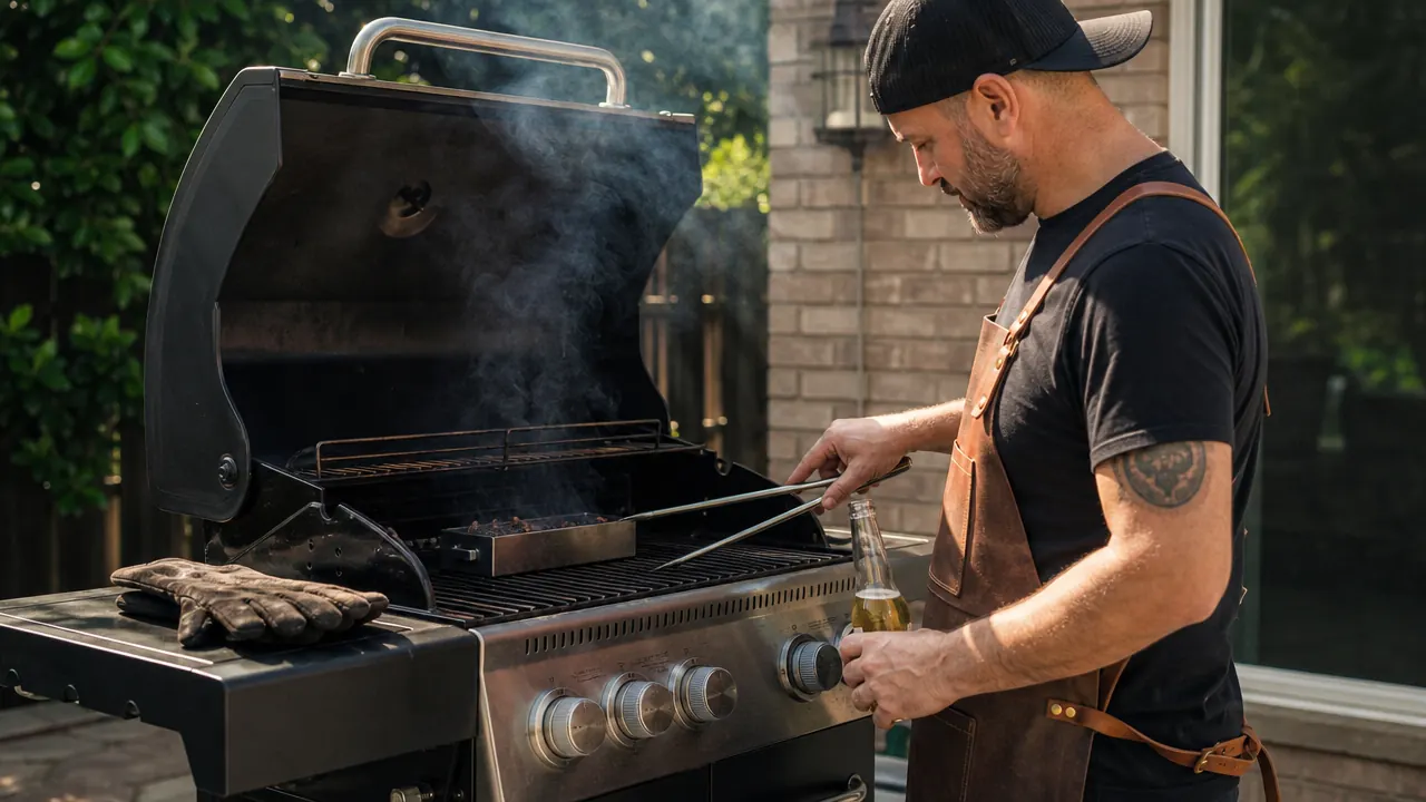 Weber Premium Smoker Box on a gas grill grate with thin blue smoke rising during a backyard rib cook